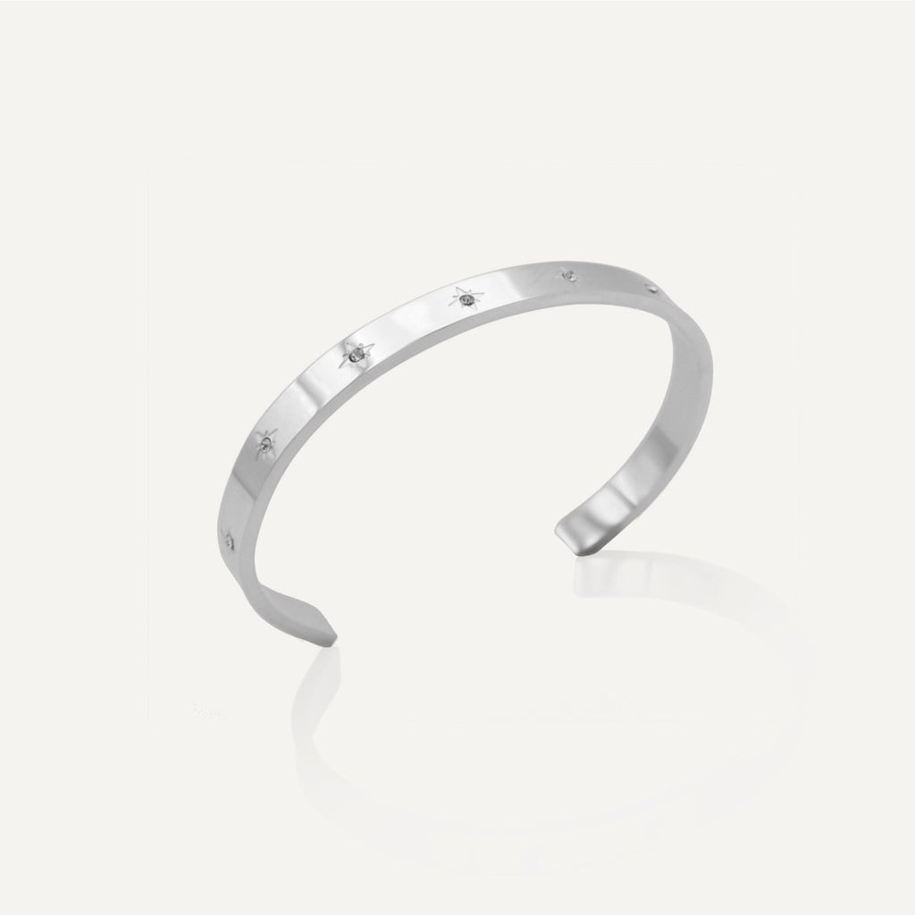 Rush silver cuff trendy popular chic bracelet with stones men women Unisex silver star-engraved cuff bracelet from Rush with a sleek open design and subtle polished surface, perfect for versatile styling.