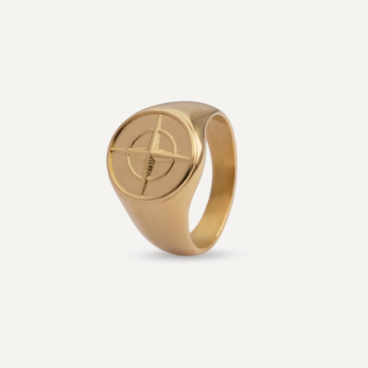 Unisex gold compass signet ring from Rush with an engraved compass design, polished finish, and bold modern style for everyday or statement wear. men women trendy popular sleek ring 