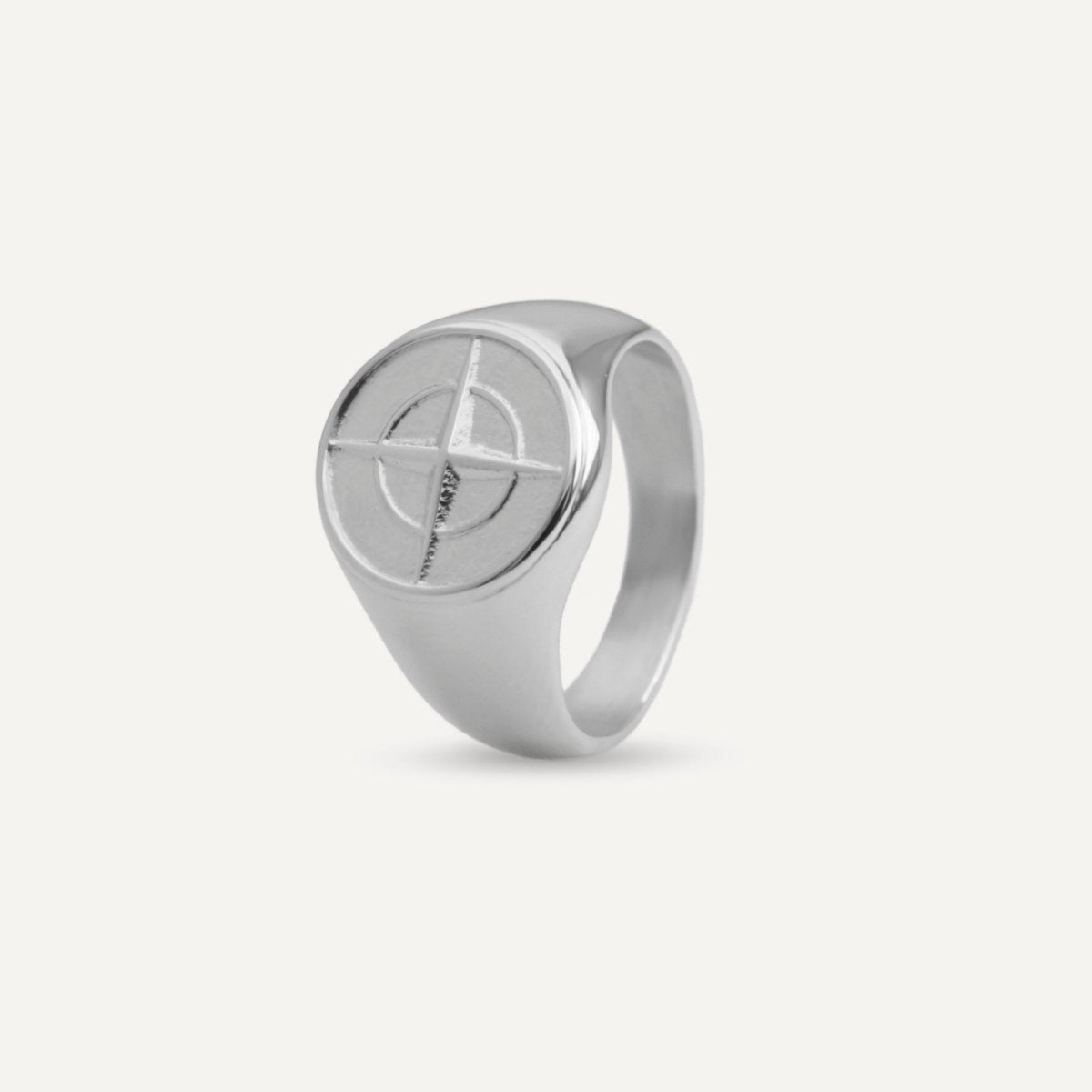 Unisex silver compass signet ring from Rush with an engraved compass design, polished finish, and bold modern style for everyday or statement wear. men women trendy popular sleek ring 