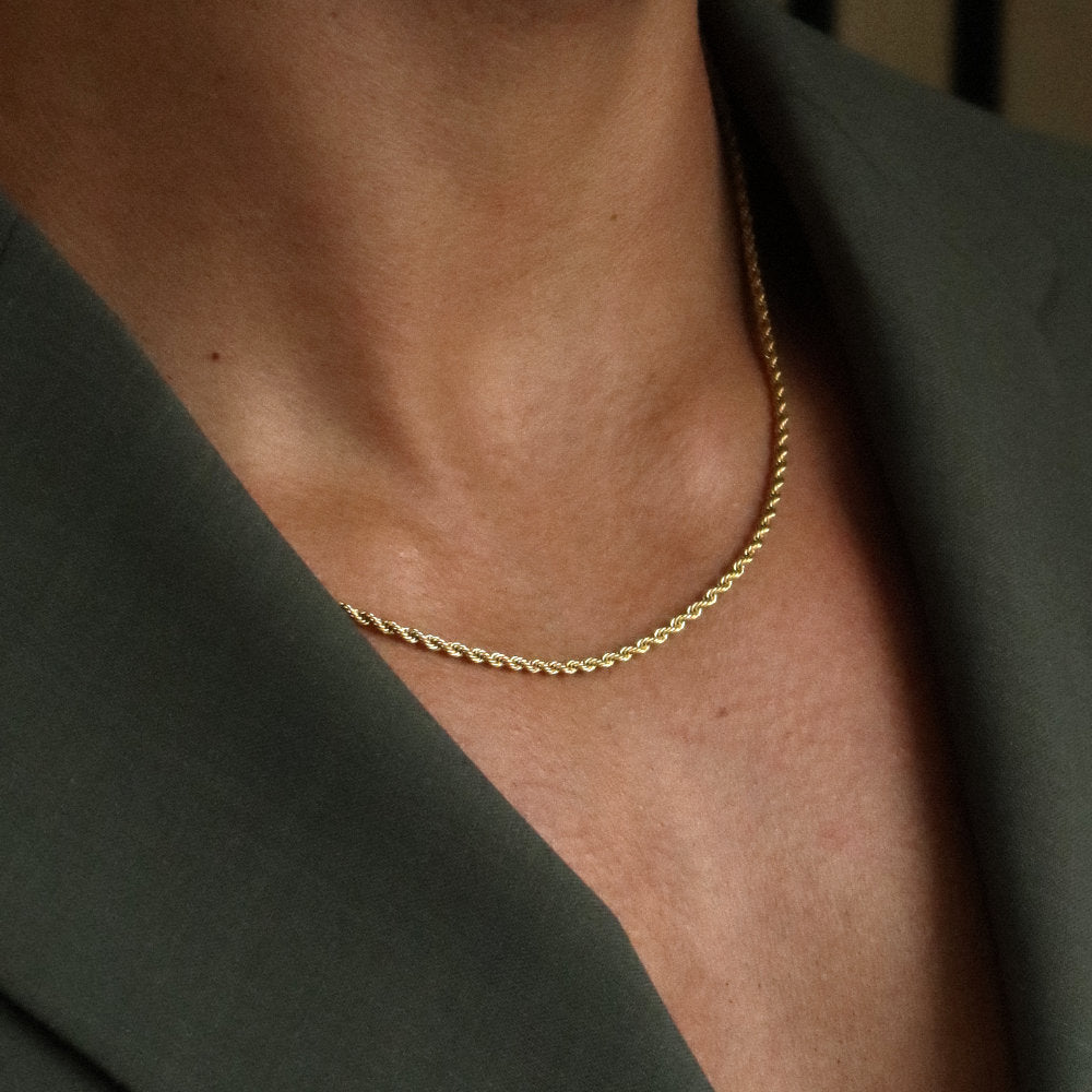 men women Rush Rope chain 2mm gold trendy popular necklace Unisex gold twisted rope bracelet from Rush featuring interwoven links with a sleek polished surface, perfect for layering or solo styling.