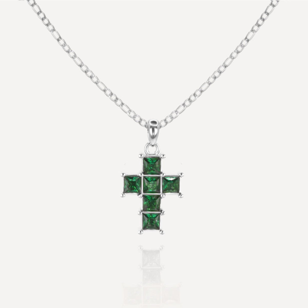 Rush Silver cross with green emerald stones men women trendy popular cool gemstone necklace
