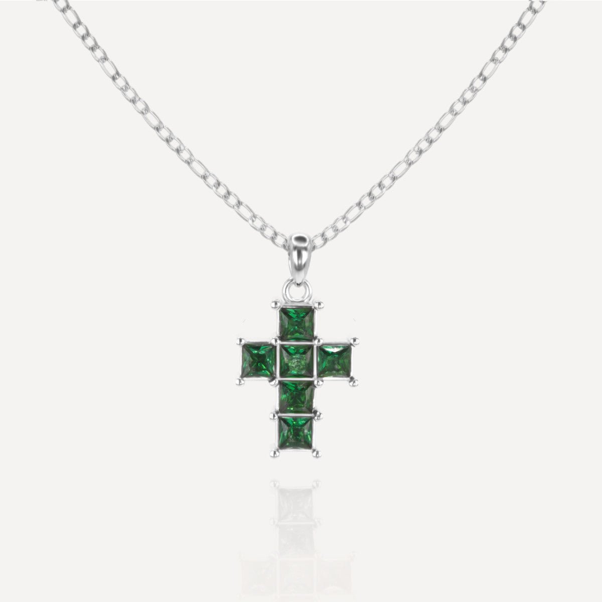 Rush Silver cross with green emerald stones men women trendy popular cool gemstone necklace