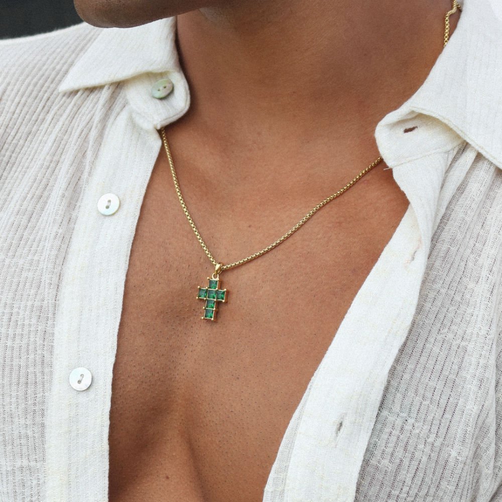 Rush gold cross with green emerald stones men women trendy popular cool gemstone necklace