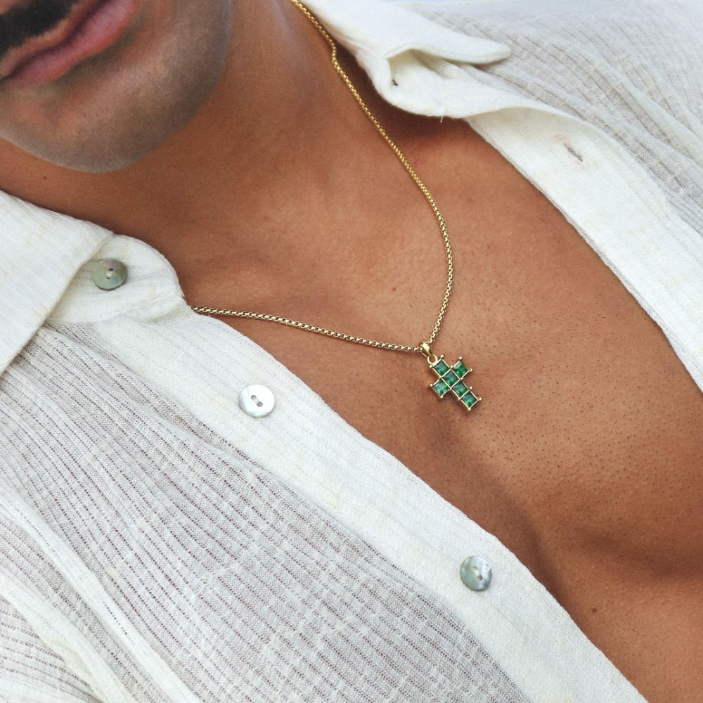 Rush gold cross with green emerald stones men women trendy popular cool gemstone necklace