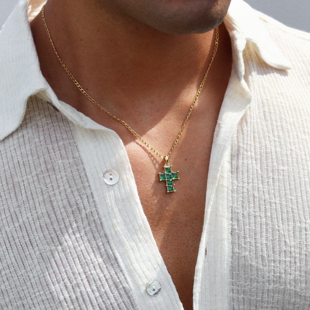 Rush gold cross with green emerald stones men women trendy popular cool gemstone necklace