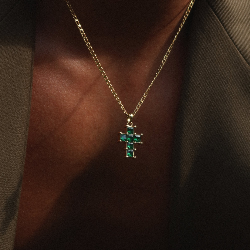 Rush gold cross with green emerald stones men women trendy popular cool gemstone necklace