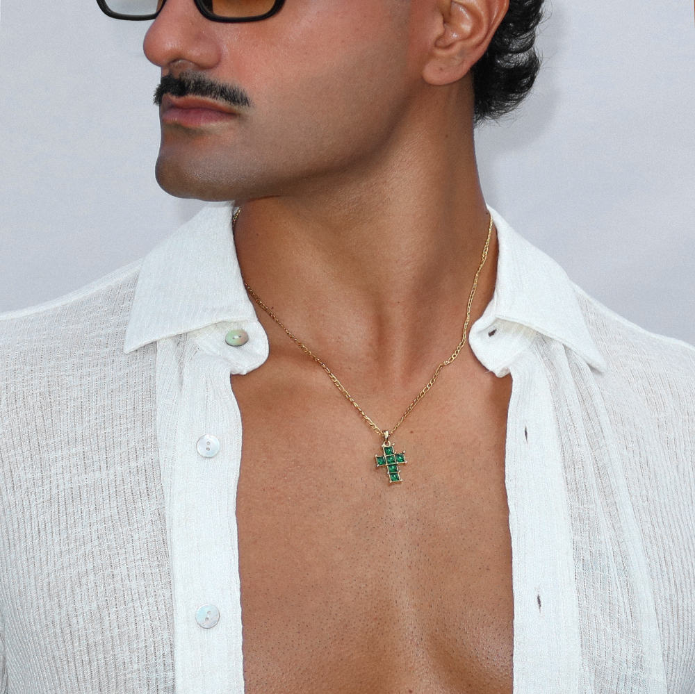 Rush gold cross with green emerald stones men women trendy popular cool gemstone necklace