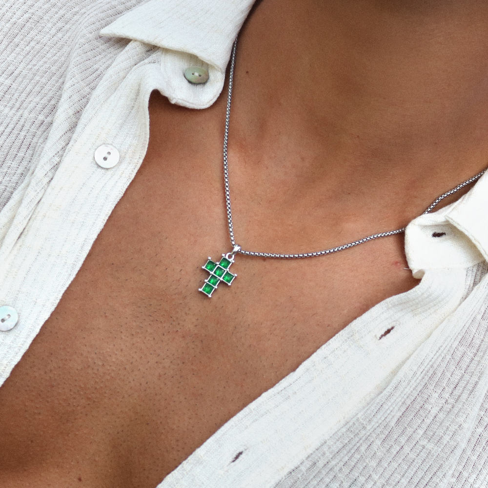 Rush Silver cross with green emerald stones men women trendy popular cool gemstone necklace