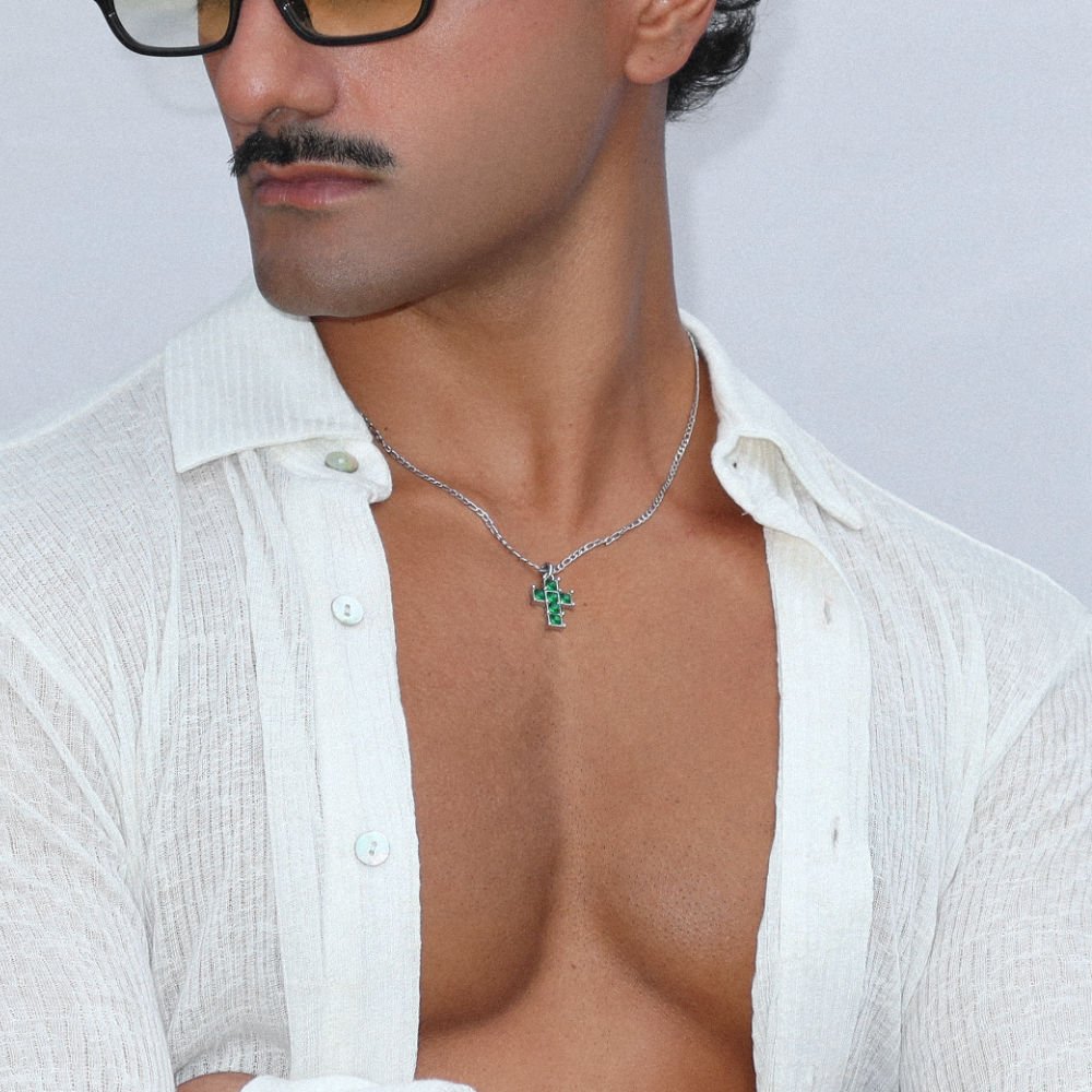 Rush Silver cross with green emerald stones men women trendy popular cool gemstone necklace