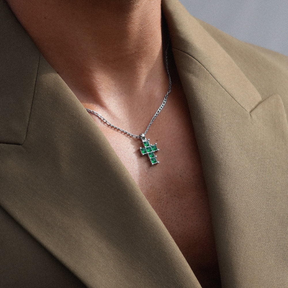 Rush Silver cross with green emerald stones men women trendy popular cool gemstone necklace