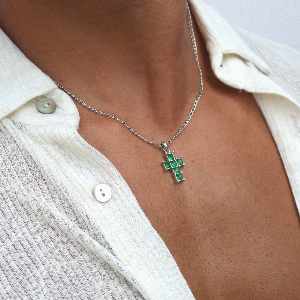Rush Silver cross with green emerald stones men women trendy popular cool gemstone necklace