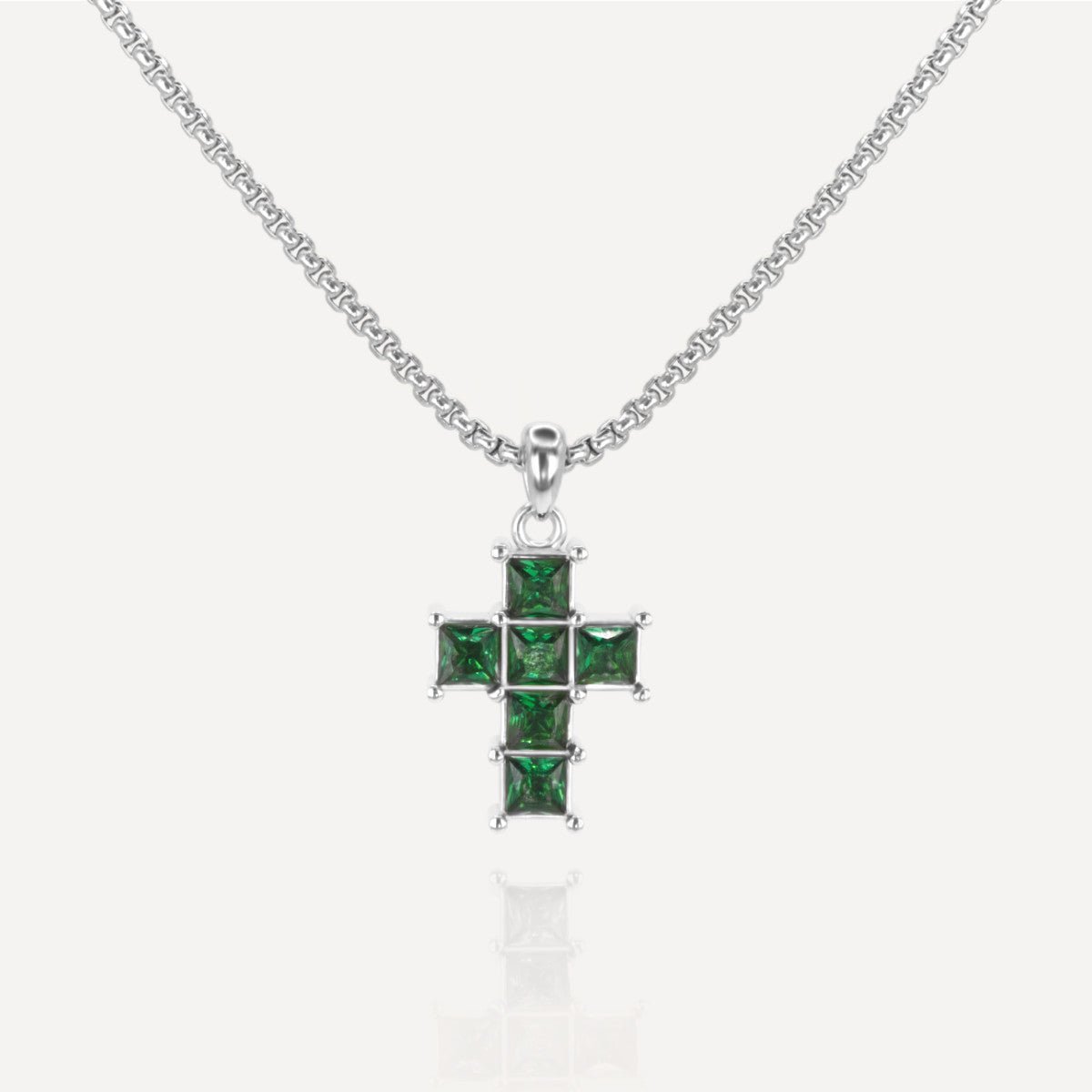 Rush Silver cross with green emerald stones men women trendy popular cool gemstone necklace