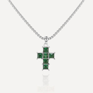 Rush Silver cross with green emerald stones men women trendy popular cool gemstone necklace