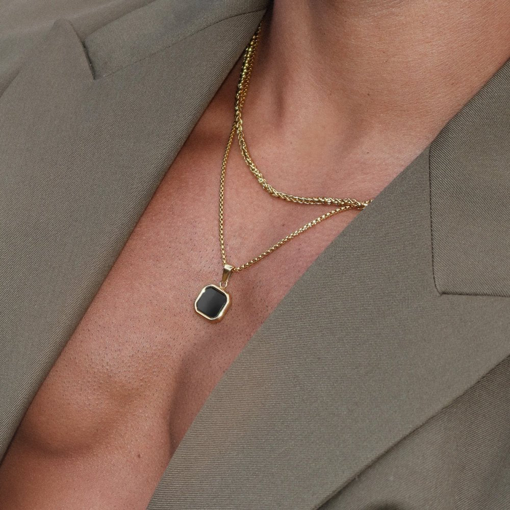 Rush silver black stone pendant  necklace set men women trendy popular 