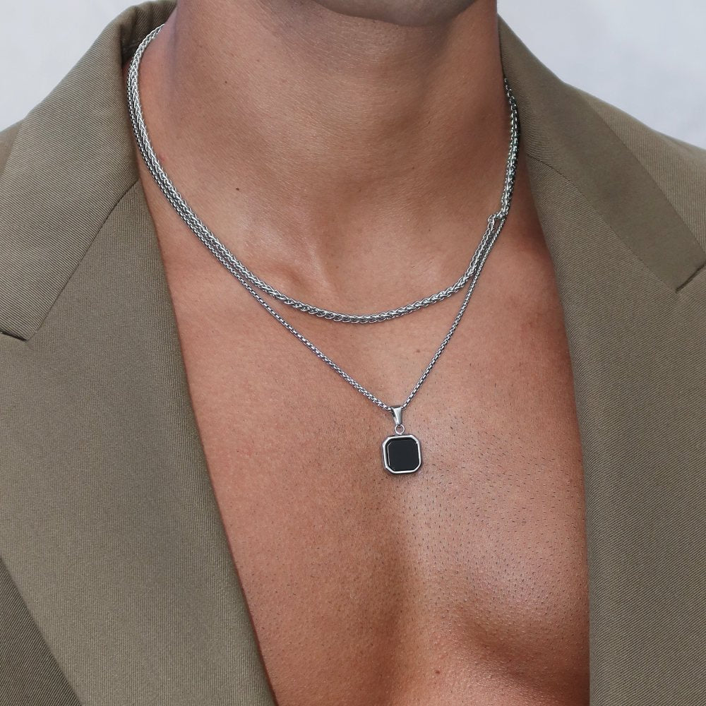 Rush silver black stone pendant  necklace set men women trendy popular 