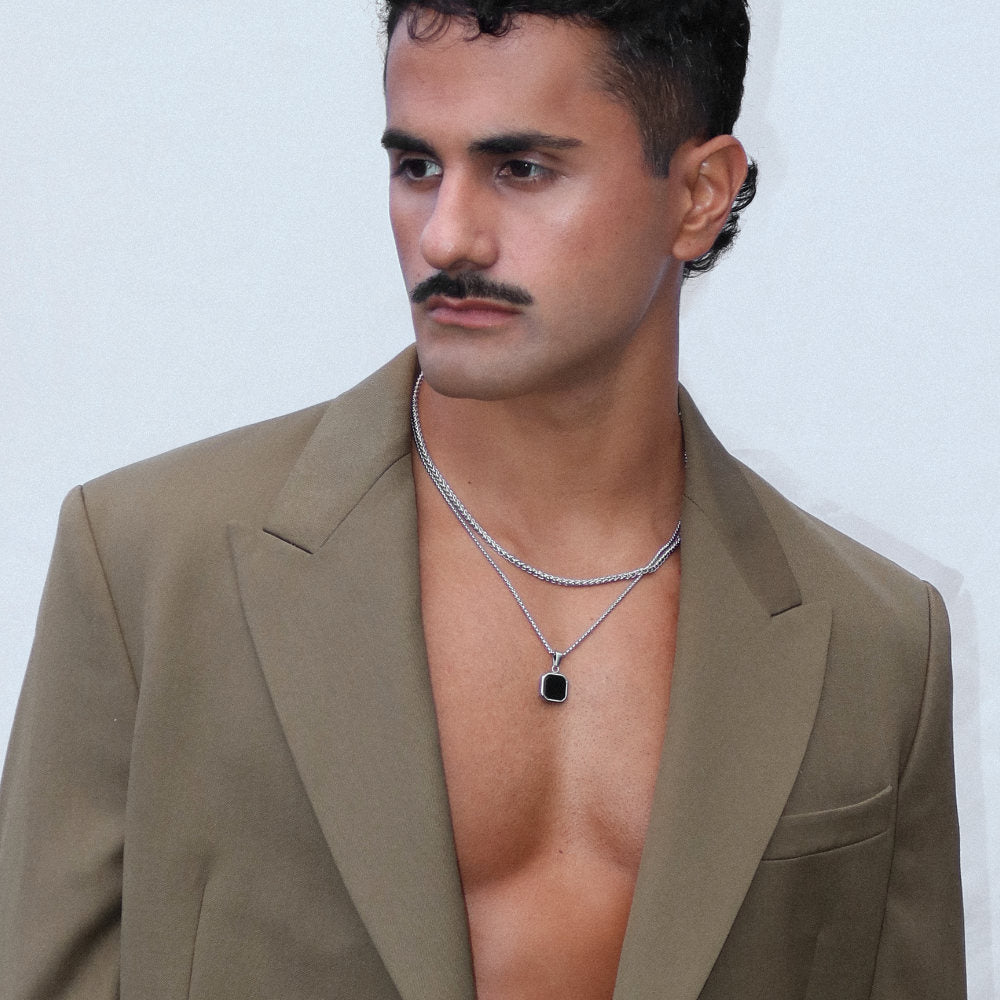 Rush silver black stone pendant  necklace set men women trendy popular 