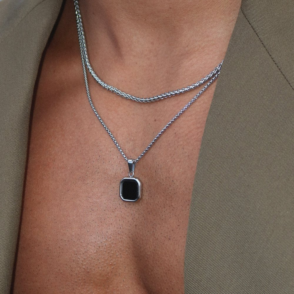 Rush silver black stone pendant  necklace set men women trendy popular 