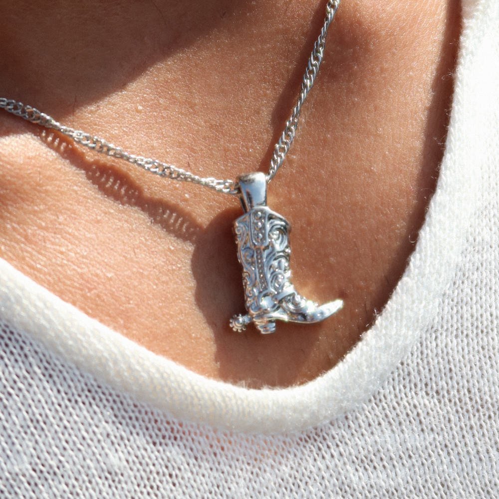 Rush pendant silver necklace cowboy boots men women trendy popular cute rodeo 