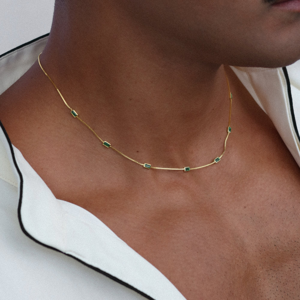 Rush gold green emerald baguette stones men women chic party popular trendy gemstone necklace 