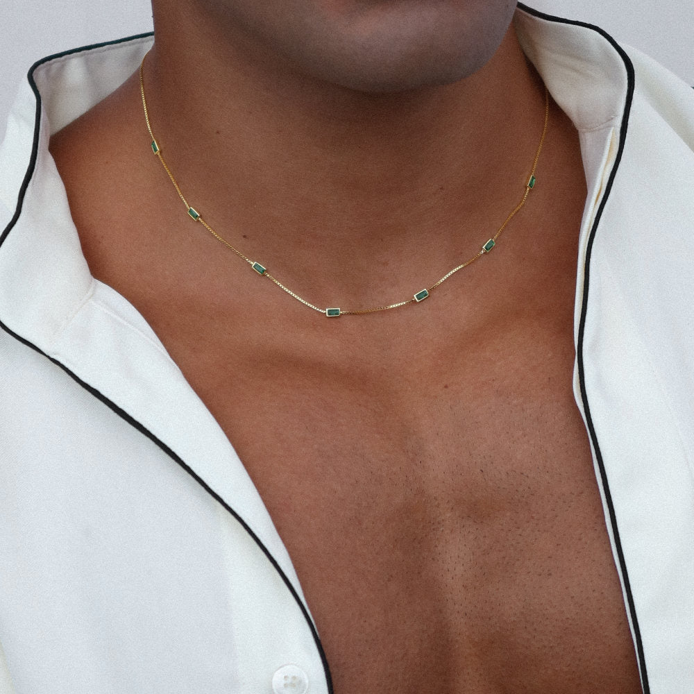 Rush gold green emerald baguette stones men women chic party popular trendy gemstone necklace 