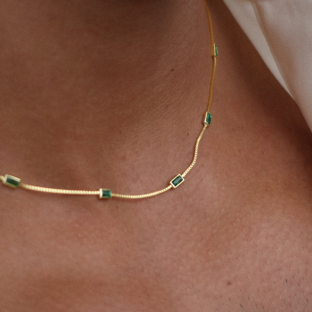 Rush gold green emerald baguette stones men women chic party popular trendy gemstone necklace 