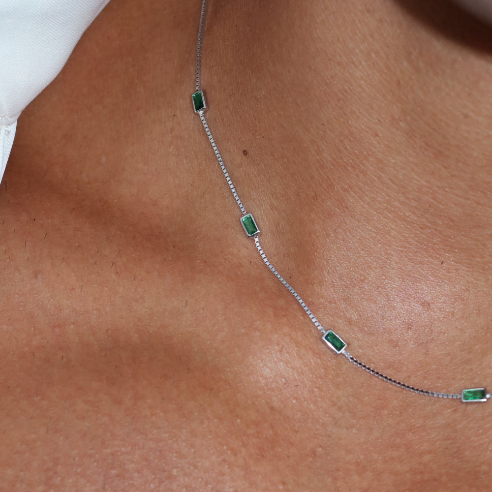 Rush silver green emerald baguette stones men women chic party popular trendy gemstone necklace 