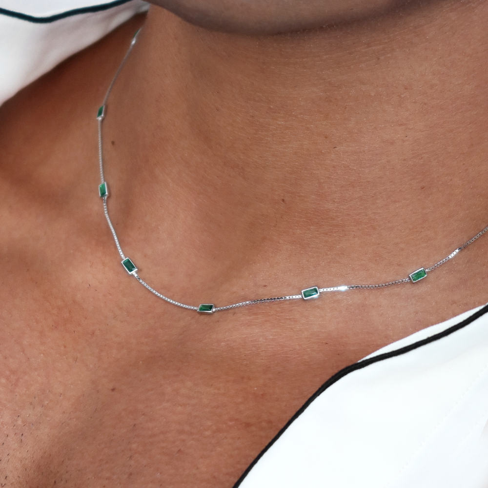 Rush silver green emerald baguette stones men women chic party popular trendy gemstone necklace 