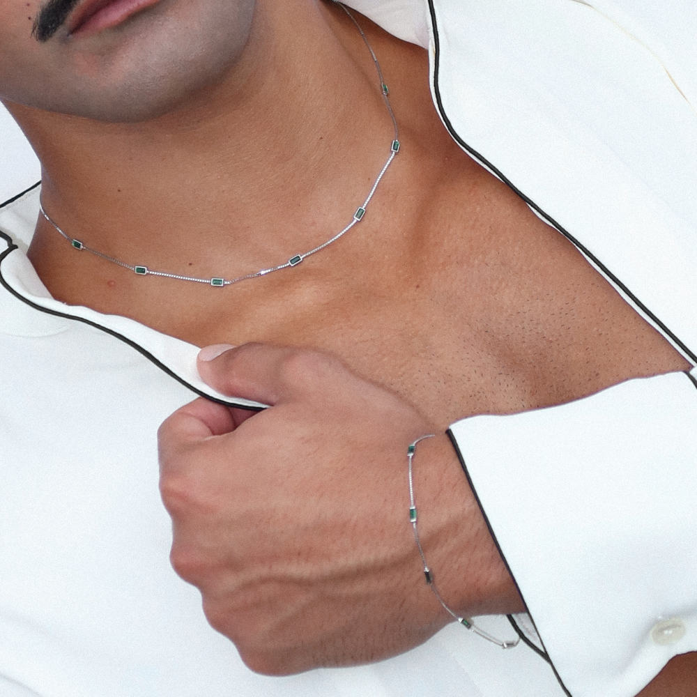 Rush silver green emerald baguette stones men women chic party popular trendy gemstone necklace 