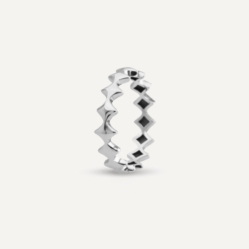 Rush silver ring with geometric design men women trendy popular ring 
Unisex silver scalloped band ring from Rush with a repeating geometric edge design and polished minimalist finish for everyday wear.