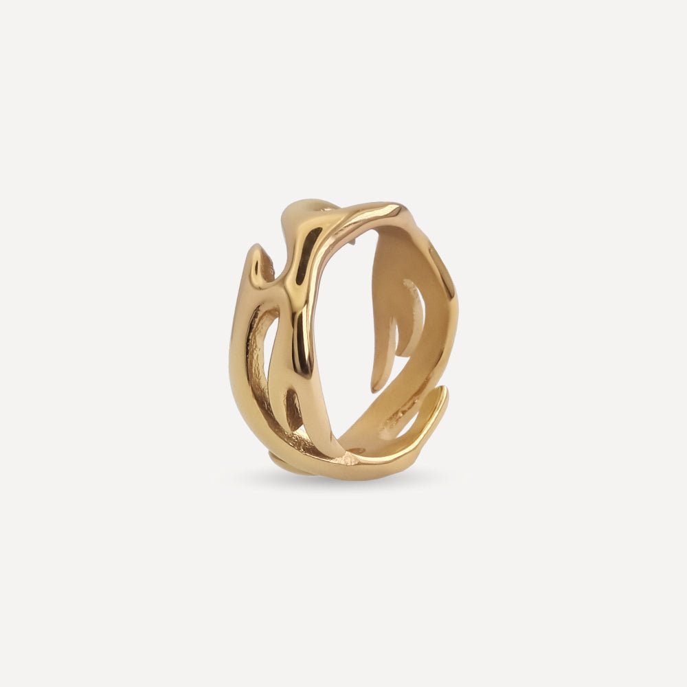 Unisex gold open ring from Rush with an abstract fluid shape, polished finish, and bold sculptural design for statement styling men women popular trendy sleek irregular shaped ring 
