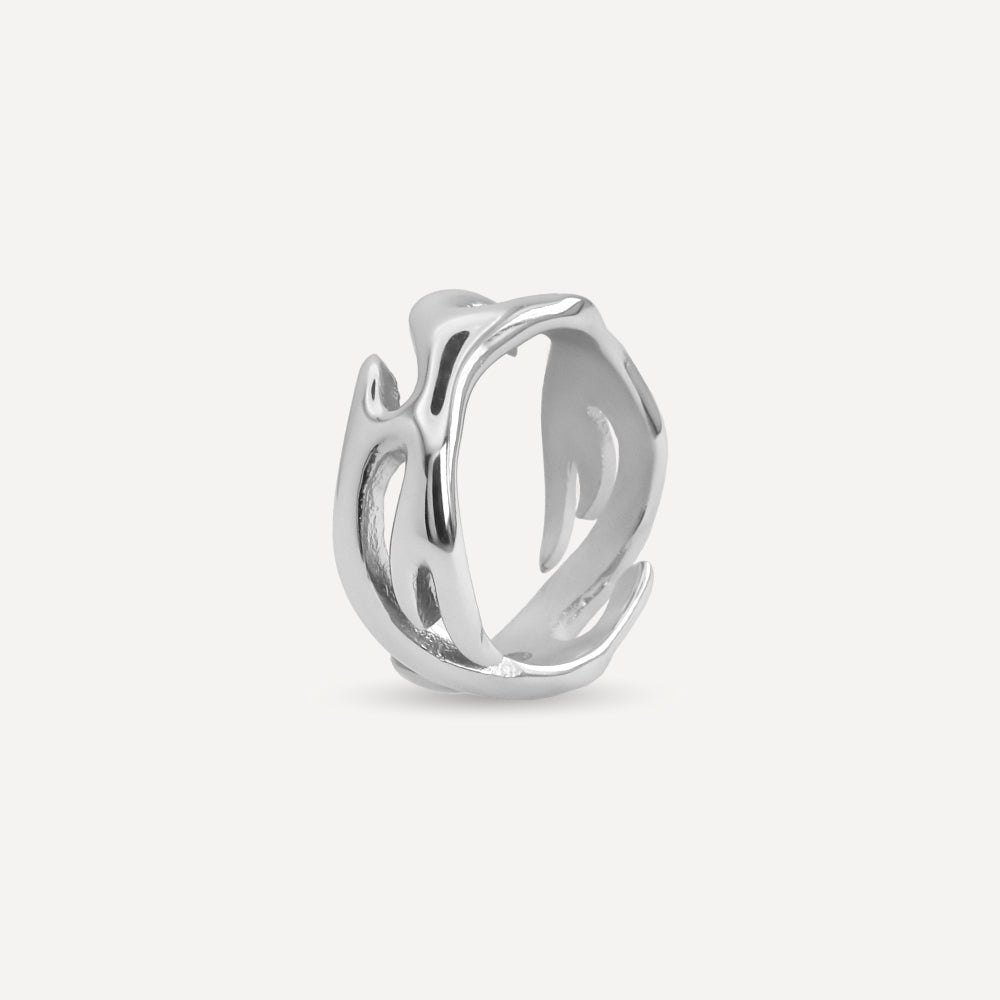 Unisex silver open ring from Rush with an abstract fluid shape, polished finish, and bold sculptural design for statement styling men women popular trendy sleek irregular shaped ring 