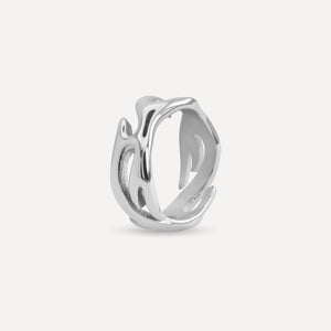 Unisex silver open ring from Rush with an abstract fluid shape, polished finish, and bold sculptural design for statement styling men women popular trendy sleek irregular shaped ring 