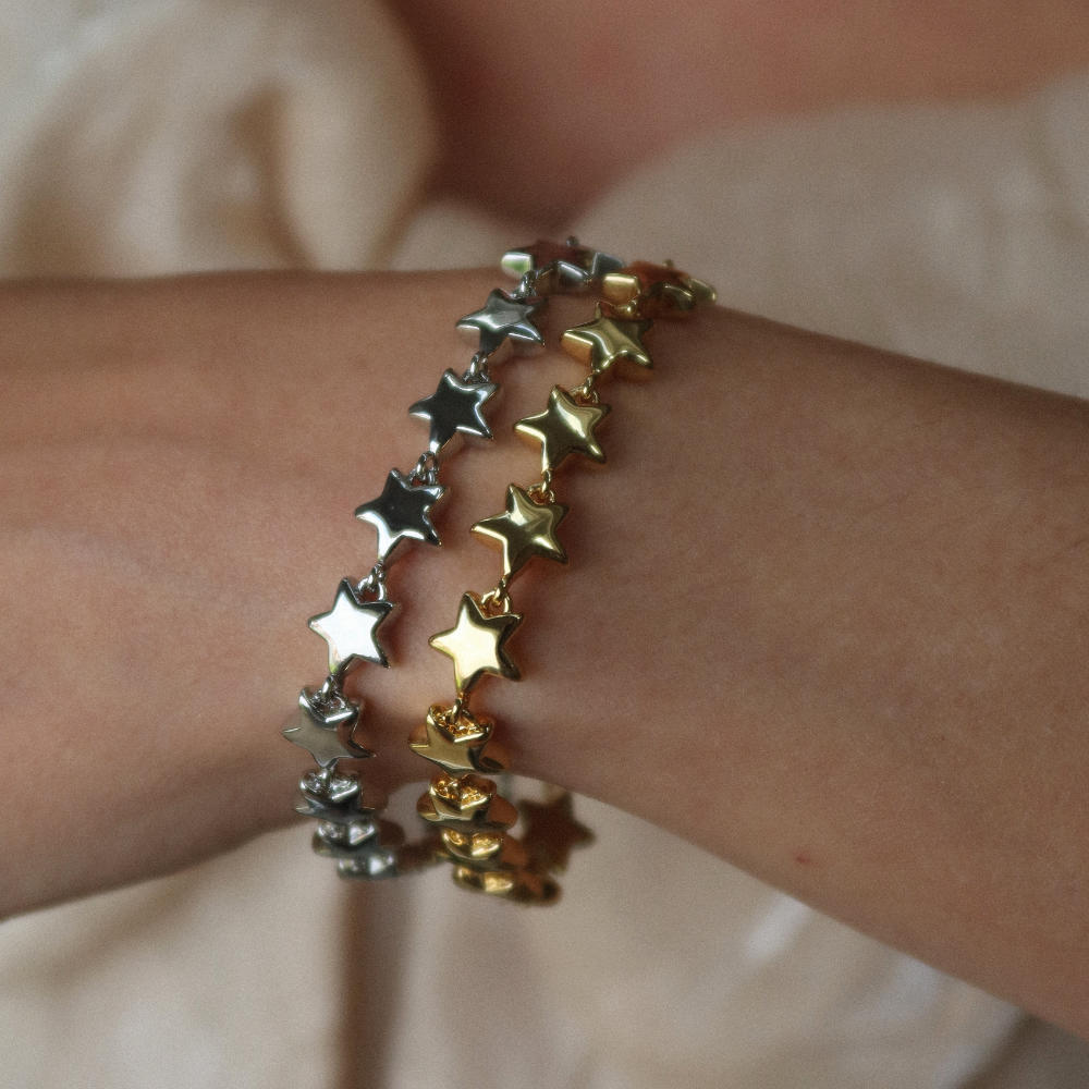 Rush silver star pattern shiny heavy weight trendy popular men women bracelet Rush gold star pattern shiny heavy weight trendy popular men women bracelet Unisex silver star bracelet from Rush with interlinked star charms and adjustable clasp, offering a playful yet minimalist statement look