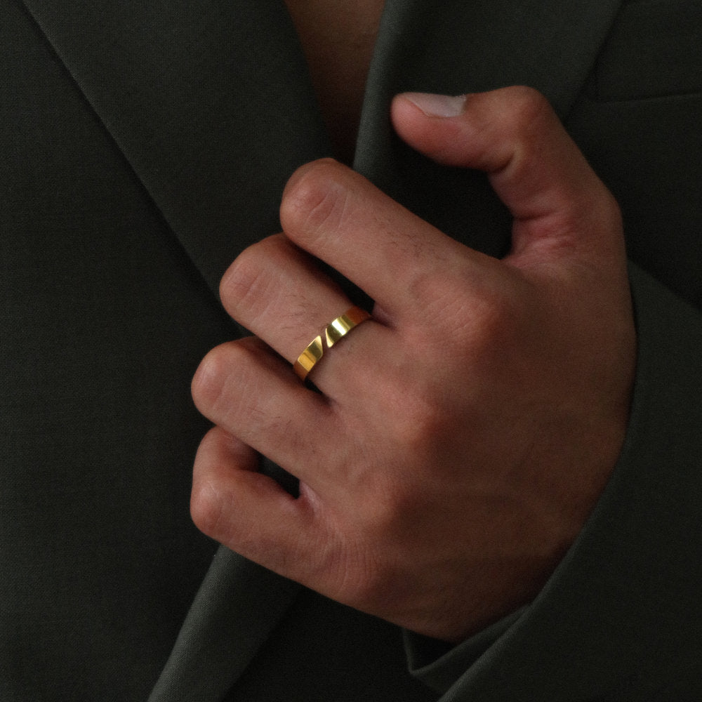 Unisex gold open band ring from Rush with a minimalist cut-out detail and polished finish, designed for versatile everyday wear popular trendy sleek ring