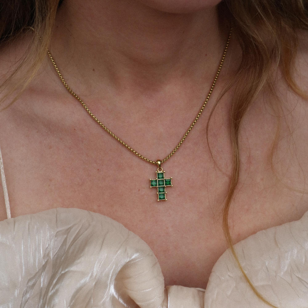 Rush gold cross with green emerald stones men women trendy popular cool gemstone necklace