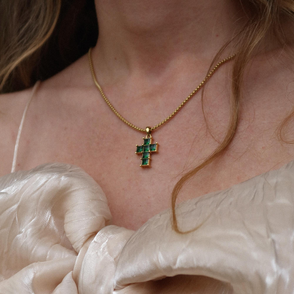 Rush gold cross with green emerald stones men women trendy popular cool gemstone necklace
