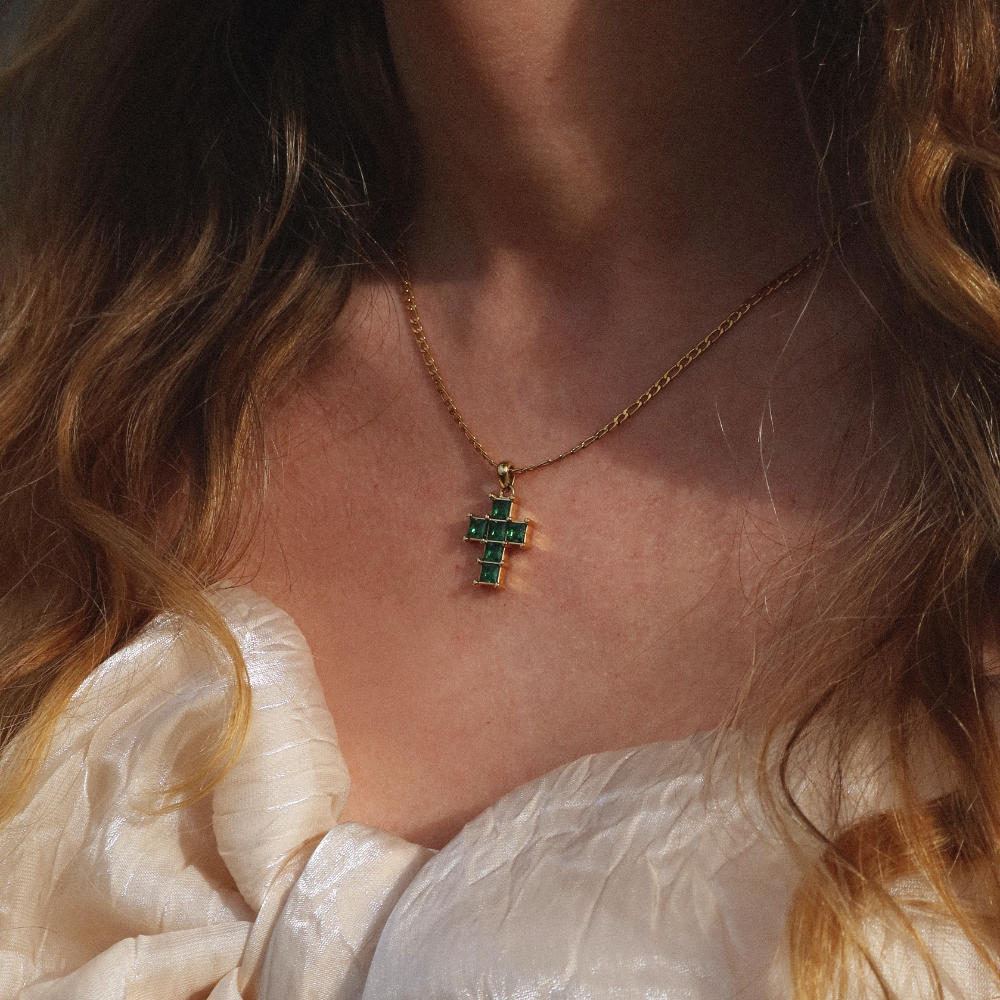 Rush gold cross with green emerald stones men women trendy popular cool gemstone necklace