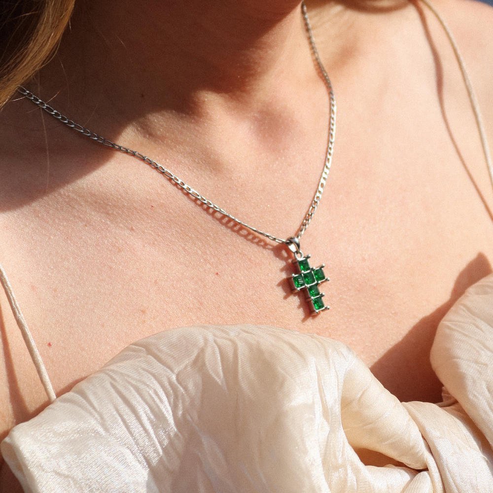 Rush Silver cross with green emerald stones men women trendy popular cool gemstone necklace