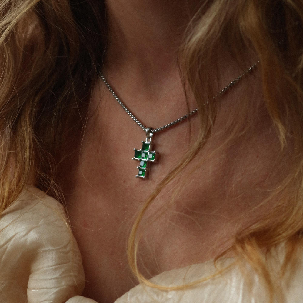 Rush Silver cross with green emerald stones men women trendy popular cool gemstone necklace