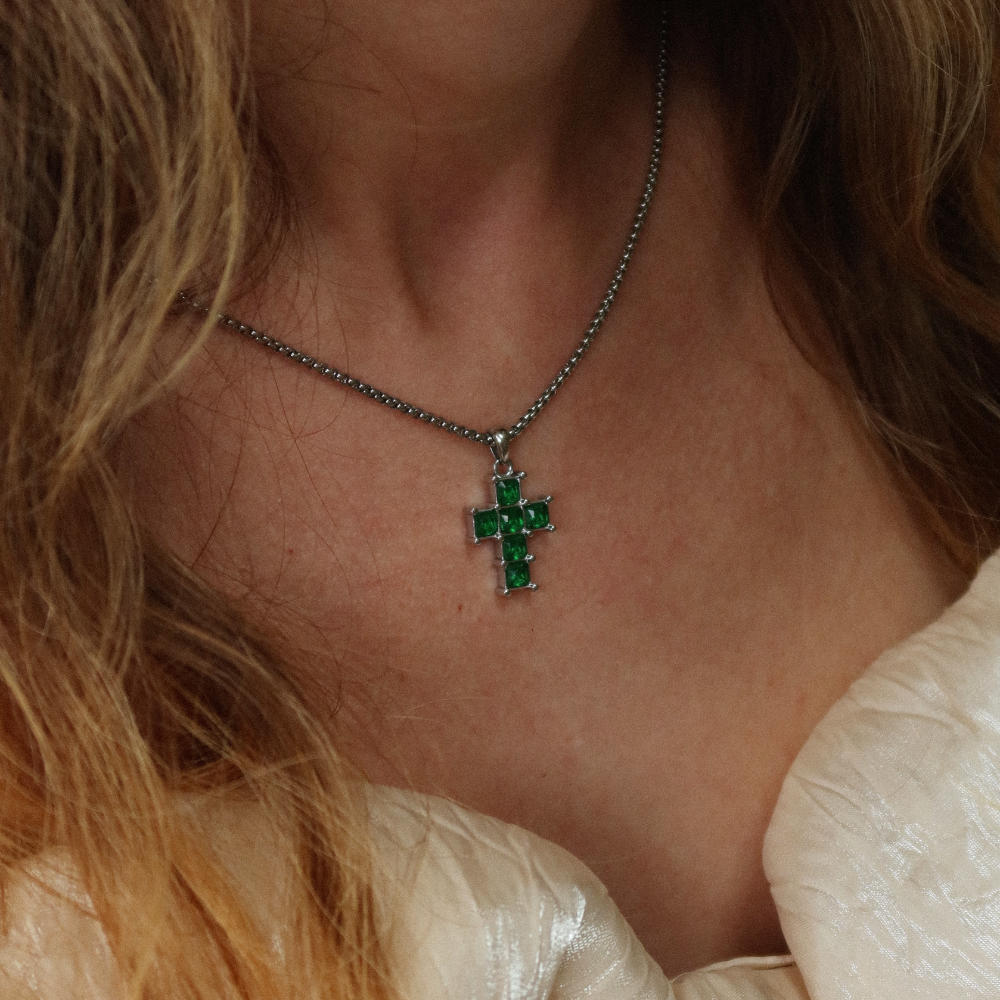 Rush Silver cross with green emerald stones men women trendy popular cool gemstone necklace