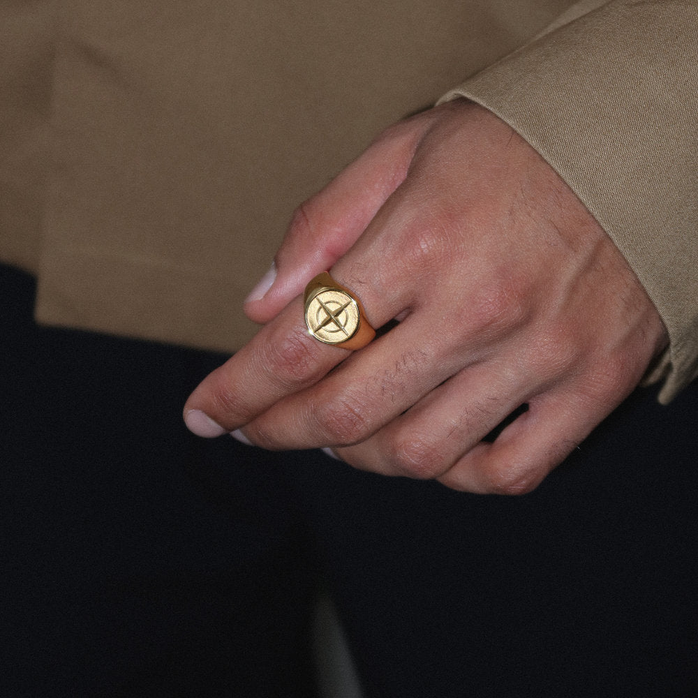 Unisex gold compass signet ring from Rush with an engraved compass design, polished finish, and bold modern style for everyday or statement wear. men women trendy popular sleek ring 