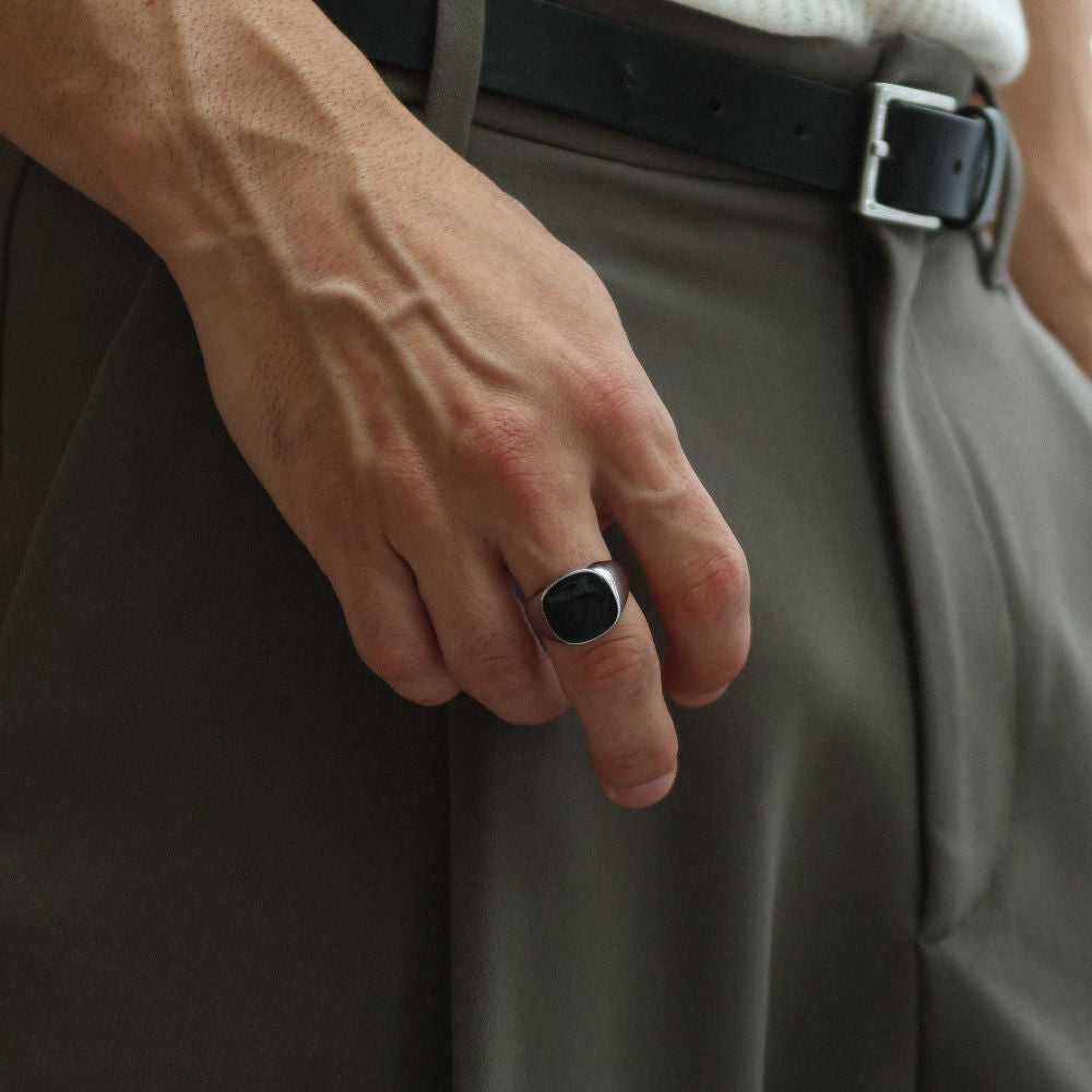 Rush silver ring with a black stone men women trendy popular sleek ring 