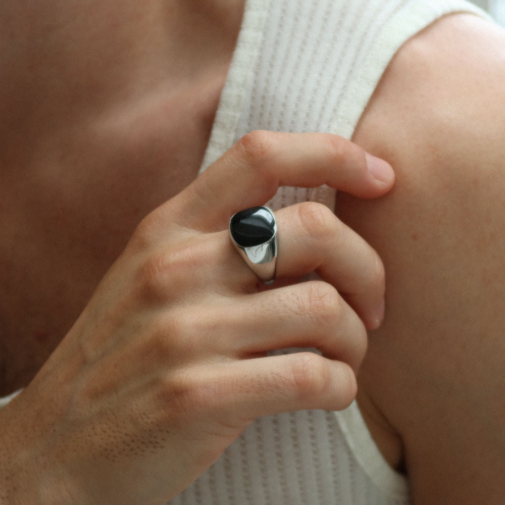 Rush silver ring with a black stone men women trendy popular sleek ring 