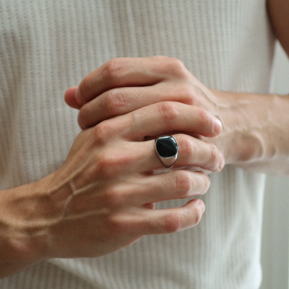 Rush silver ring with a black stone men women trendy popular sleek ring 
