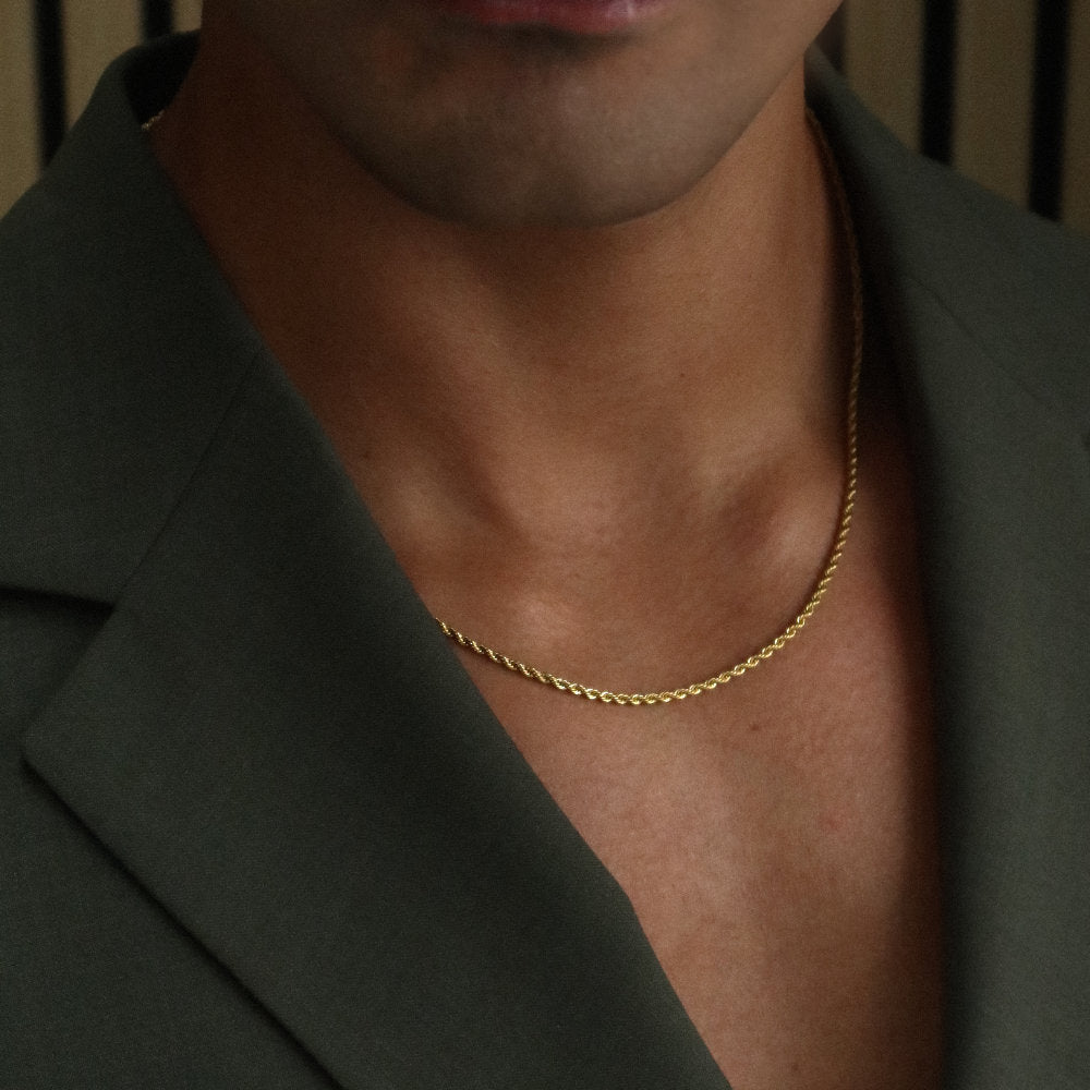 men women Rush Rope chain 2mm gold trendy popular necklace Unisex gold twisted rope bracelet from Rush featuring interwoven links with a sleek polished surface, perfect for layering or solo styling.