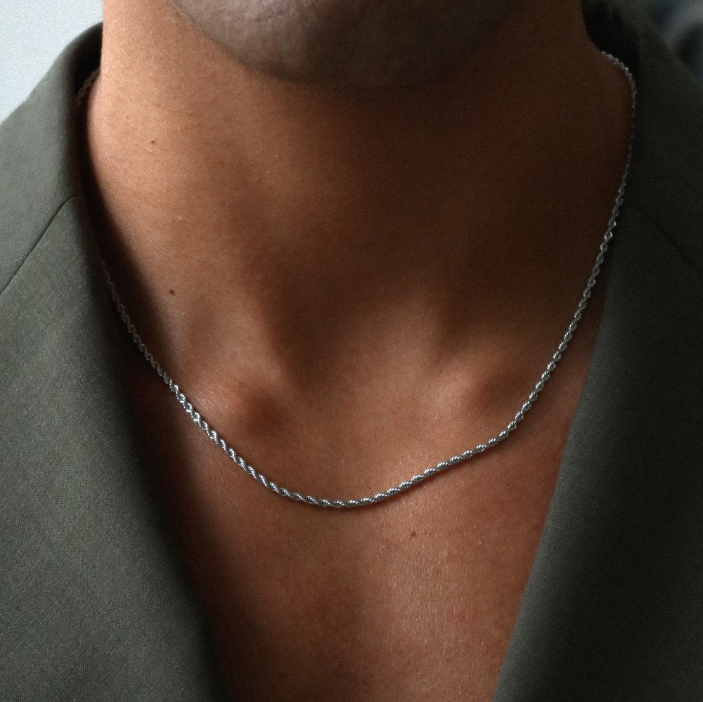 men women Rush Rope chain 2mm Silver trendy popular necklace Unisex silver twisted rope bracelet from Rush featuring interwoven links with a sleek polished surface, perfect for layering or solo styling.