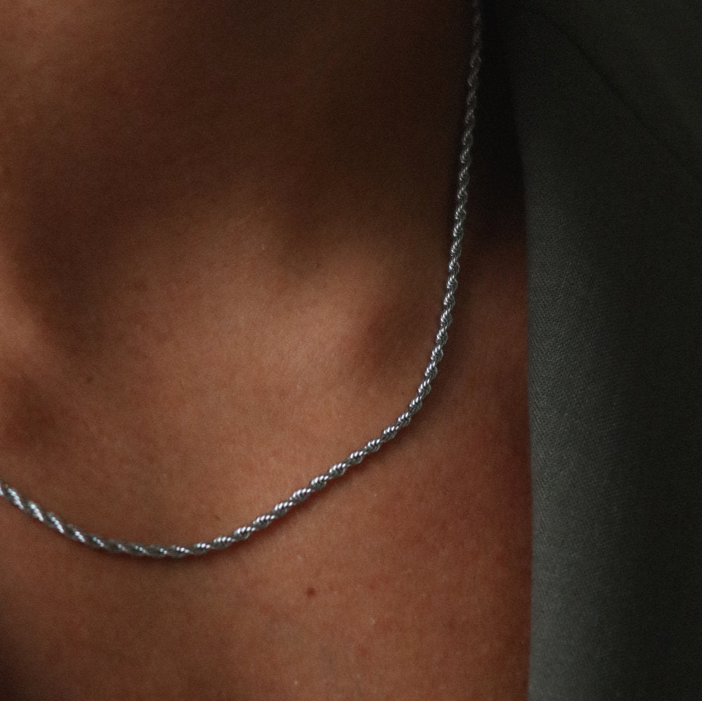 men women Rush Rope chain 2mm Silver trendy popular necklace Unisex silver twisted rope bracelet from Rush featuring interwoven links with a sleek polished surface, perfect for layering or solo styling.