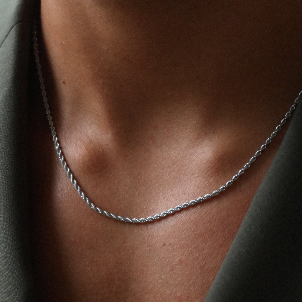 men women Rush Rope chain 2mm Silver trendy popular necklace Unisex silver twisted rope bracelet from Rush featuring interwoven links with a sleek polished surface, perfect for layering or solo styling.