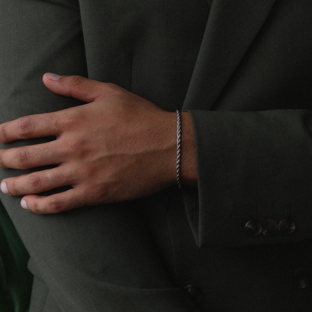 men women Rush Rope chain 2mm silver trendy popular bracelet Unisex  rope chain bracelet from Rush with a twisted link design, polished finish, and minimalist style for everyday wear.