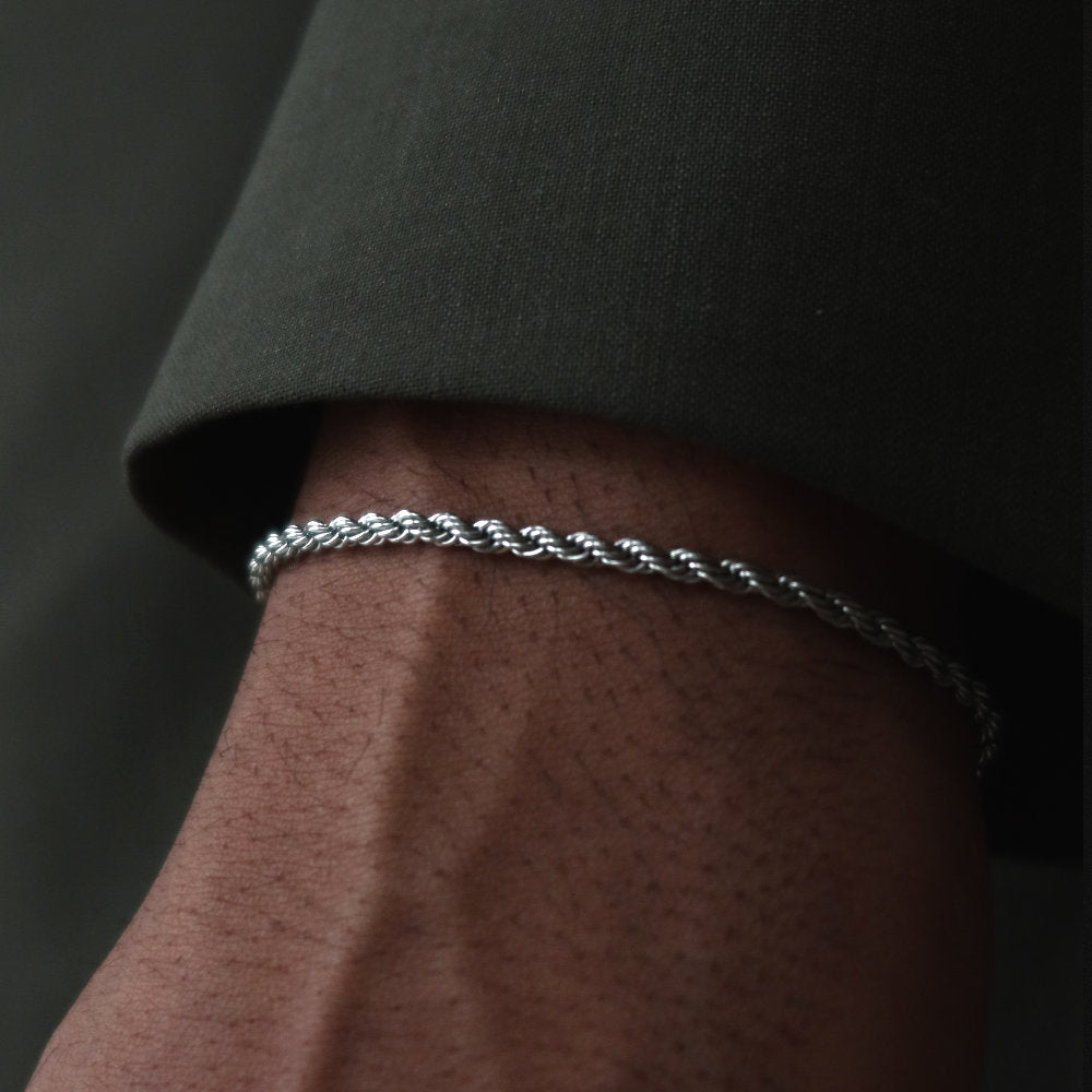 men women Rush Rope chain 2mm silver trendy popular bracelet Unisex  rope chain bracelet from Rush with a twisted link design, polished finish, and minimalist style for everyday wear.